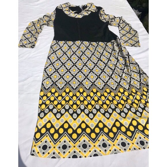 Vtg 70s Htf Montgomery Ward Maxi Knit Polly Dress Abstract Geo Black Yellow S M - Picture 1 of 16